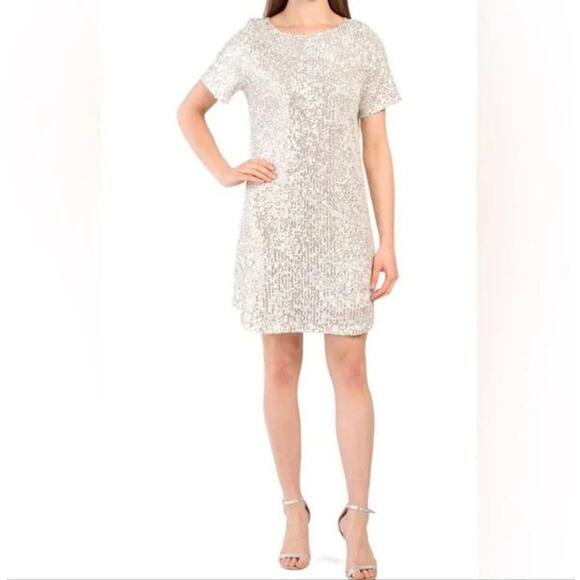 NWT 7 For All Mankind Silver Sequin Short Sleeve Mini Shift Dress Size XS - Picture 1 of 4